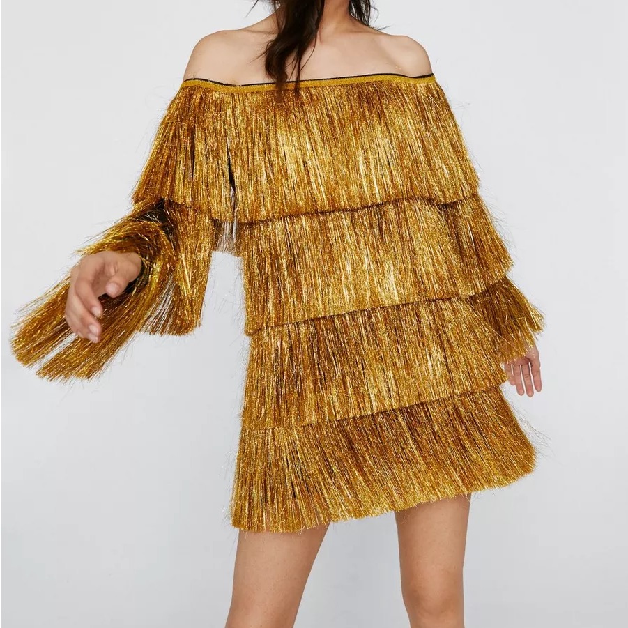 Nasty Gal Gold Bardot Tinsel Off The Shoulder Mini Dress Xs/0 Nwt